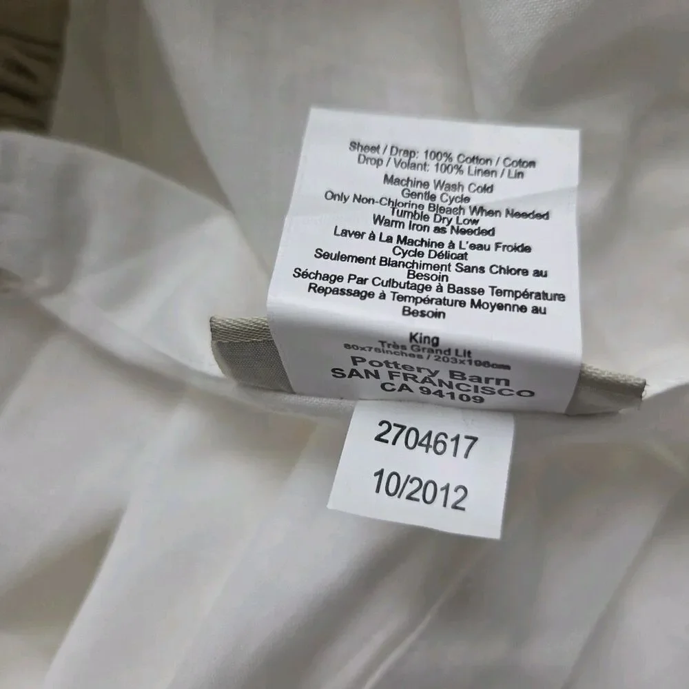 POTTERY BARN 100% Linen / cotton KING Bed Skirt 19” Drop Natural/ white new